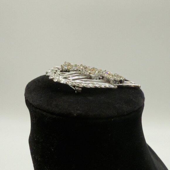 Vintage Silver-Tone Rhinestone Brooch Floral Leaf Swirl Design - Picture 4 of 7